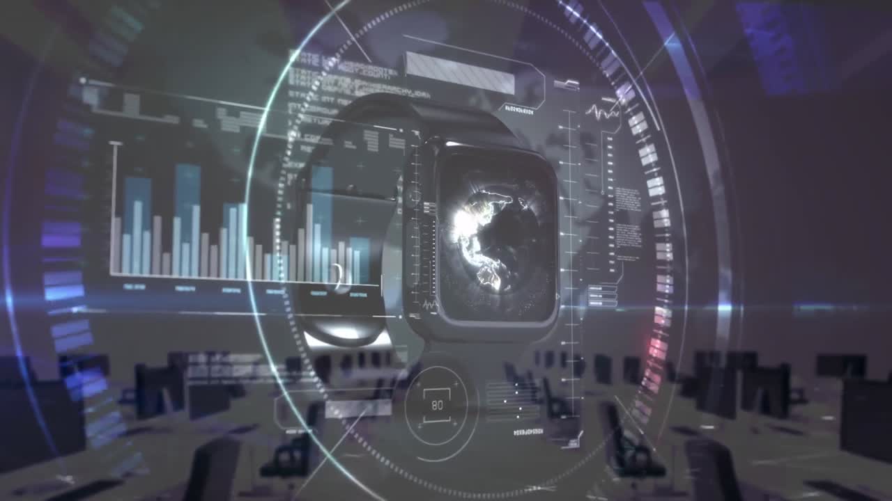 animación de datos con mapa del mundo y fuera de foco oficina moderna en el fondo