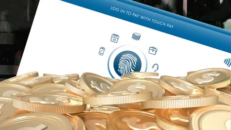 animation of biometric pay icons with gold american dollar coins