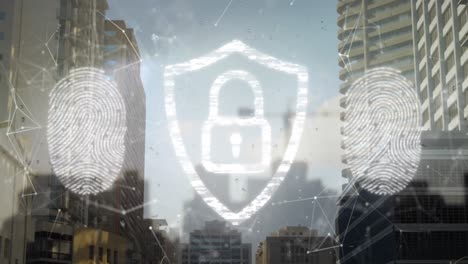 animation of security padlock and biometric fingerprint scanner against tall buildings