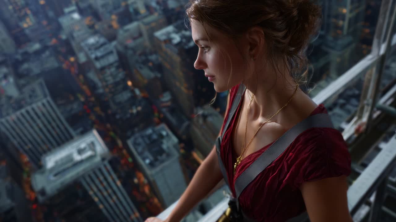 A Fearless Spirit: Capturing the Essence of Adventure and Determination Through the Eyes of a Young Woman Overlooking a Majestic Skyscraper Cityscape at Twilight