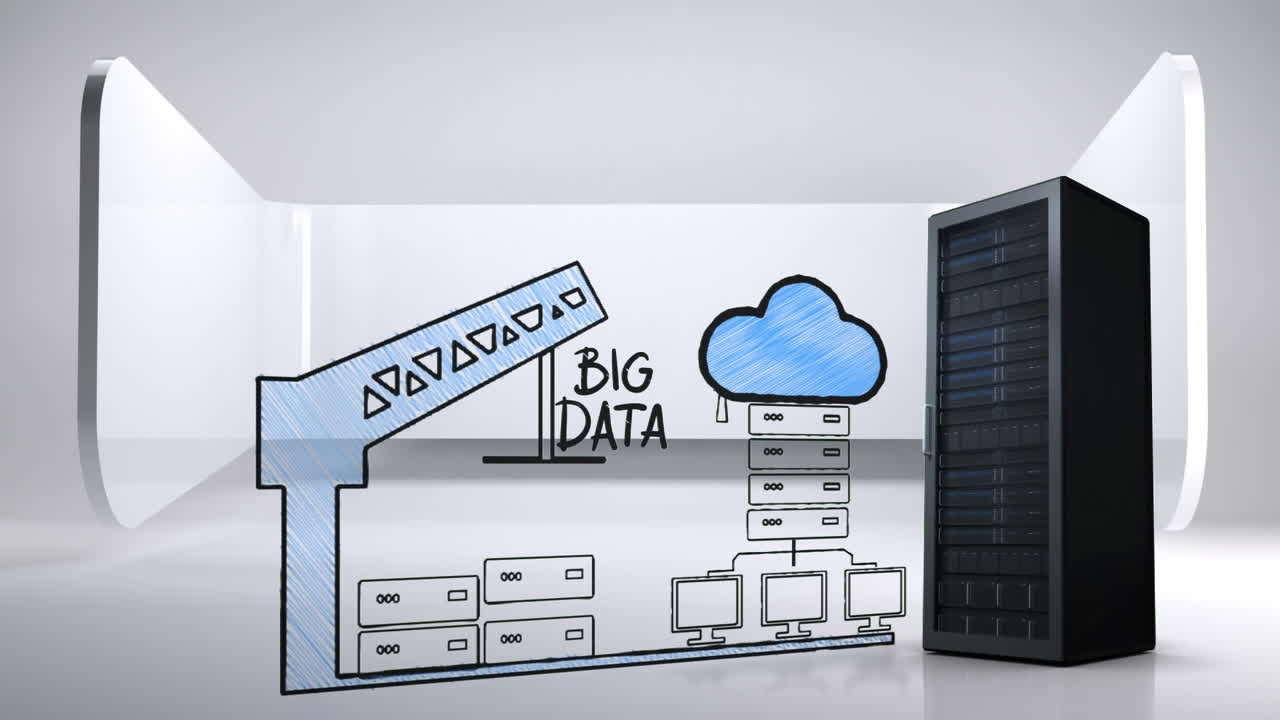 Real data server against draw of data server, crane and cloud