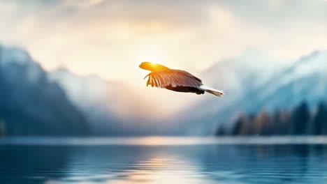 bald eagle soaring over a serene lake at sunset