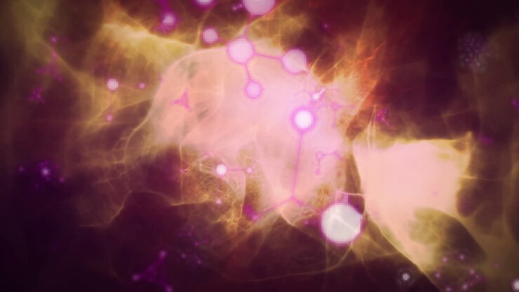 Animazione di nucleotidi fluttuanti su un motivo astratto illuminato sullo sfondo