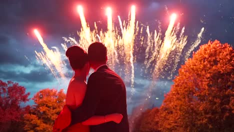 fuegos artificiales y jóvenes amantes se abrazan en la noche