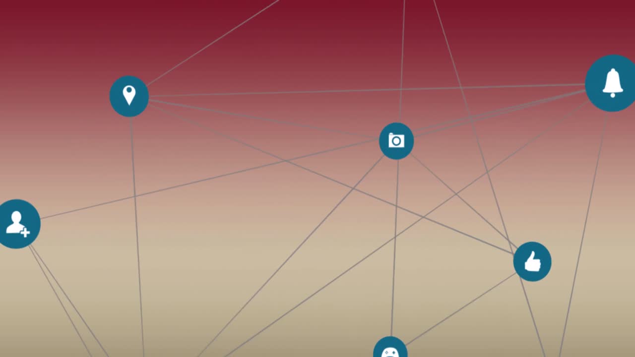 animación de una red de iconos digitales contra un fondo de gradiente rojo