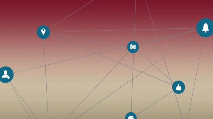 Animation of network of digital icons against red gradient background