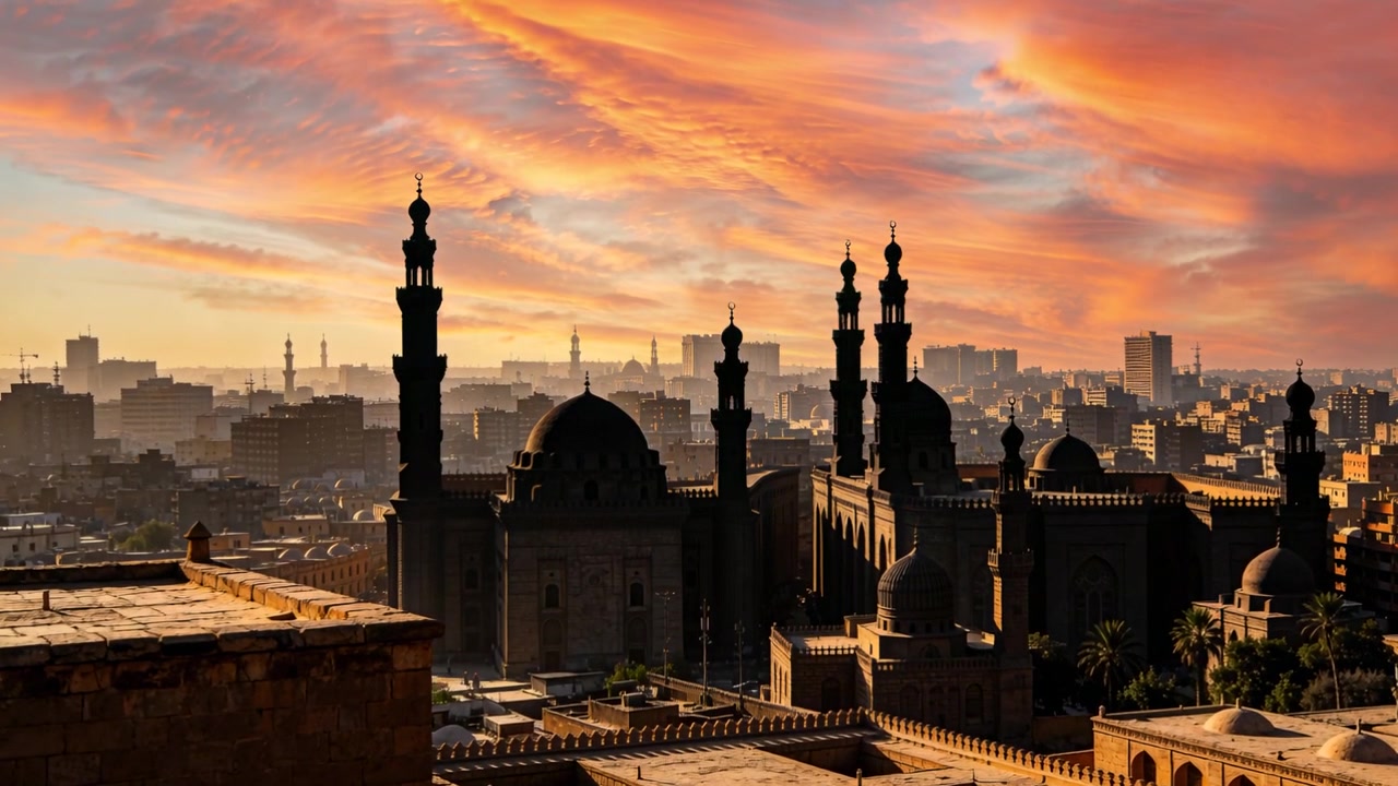 Telecamera fissa sul tetto che inquadra, catturando la luce calda, nuvole in movimento, cupole di moschee e minareti che si stagliano nella foschia.