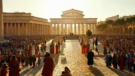 a large crowd gathers in a roman forum