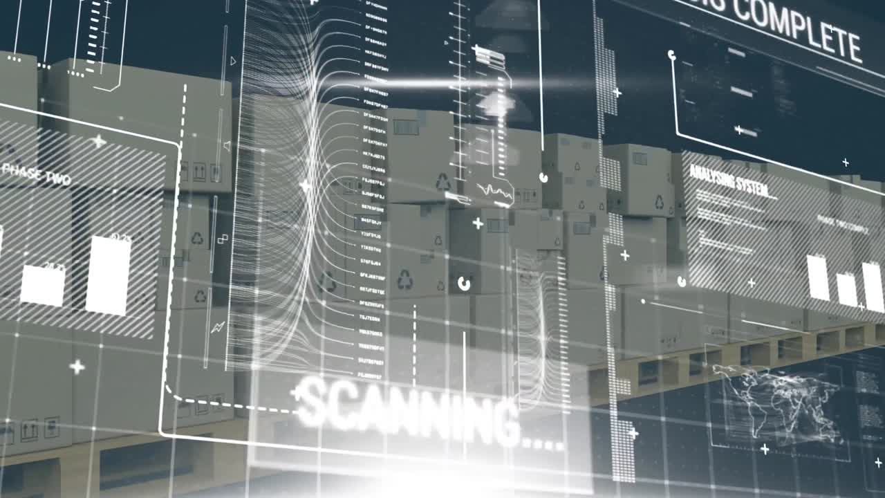 파란색 배경에 대한 컨베이어 벨트에 있는 여러 상자에서 데이터 처리를 하는 디지털 인터페이스