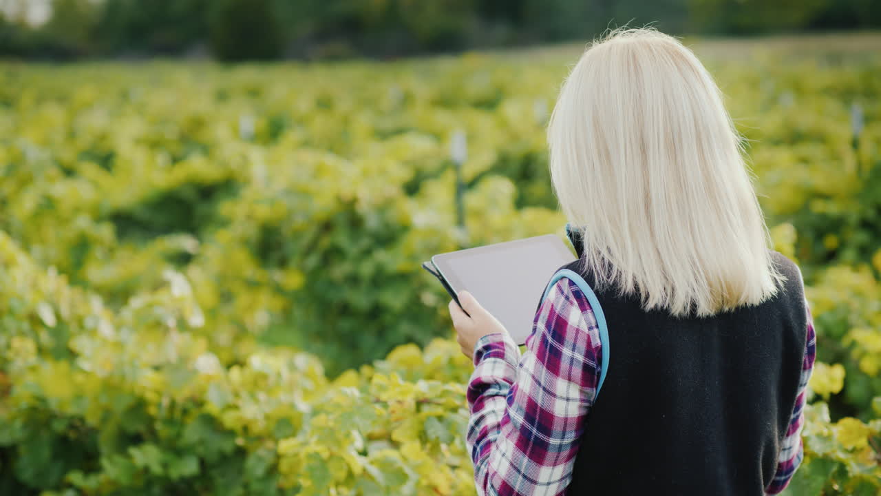 만족한 여성 농부는 일몰 전에 정원 근처에서 태블릿을 사용합니다.