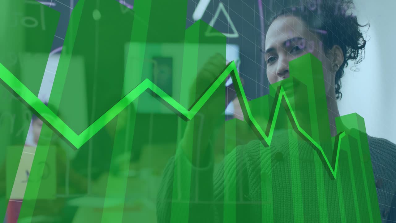 Presenter woman gesturing at overlay green line chart tracing spikes and dips for business insight