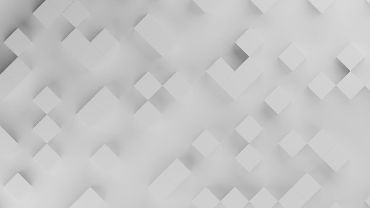 White cubes rotate and move on a white surface. Infinitely looped animation.