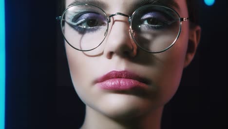 fashion model portrait girl eyeglasses neon lights