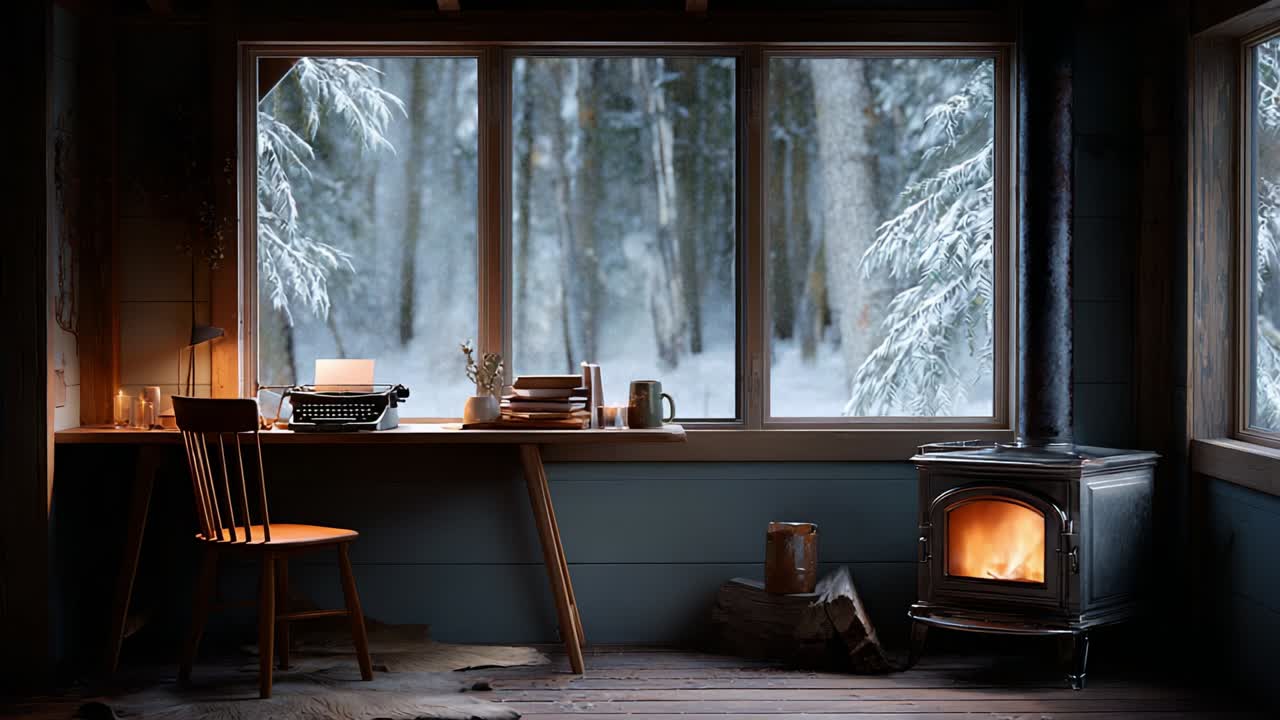 Cozy Winter Retreat: A Serene Writing Space with a Typewriter, Flickering Fireplace, and Snowy Landscape Visible Through Large Windows in a Rustic Cabin Aesthetic for Creative Inspiration
