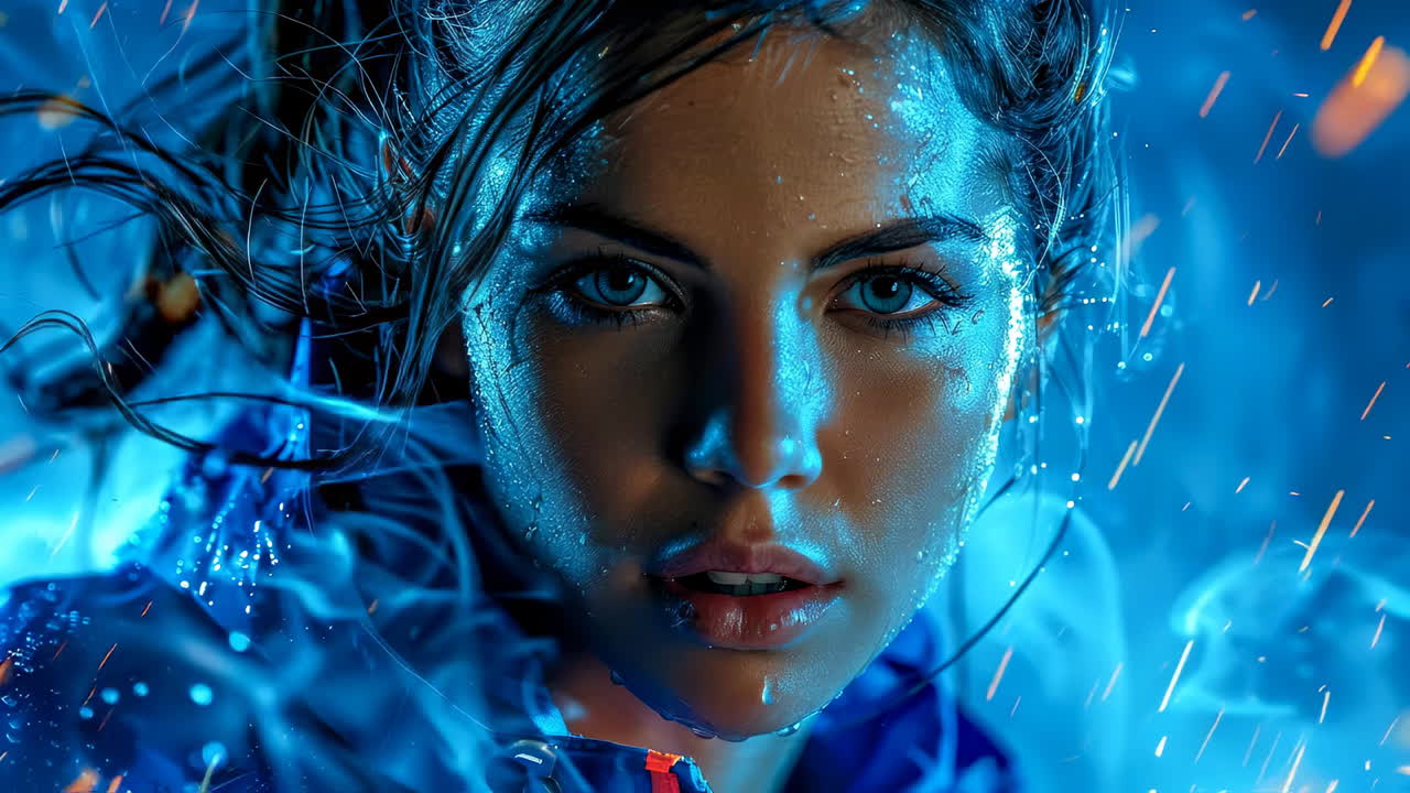 Woman with water splash in blue light. A woman is capturing a moment as water splashes around her in bright blue lighting, emphasizing her expression