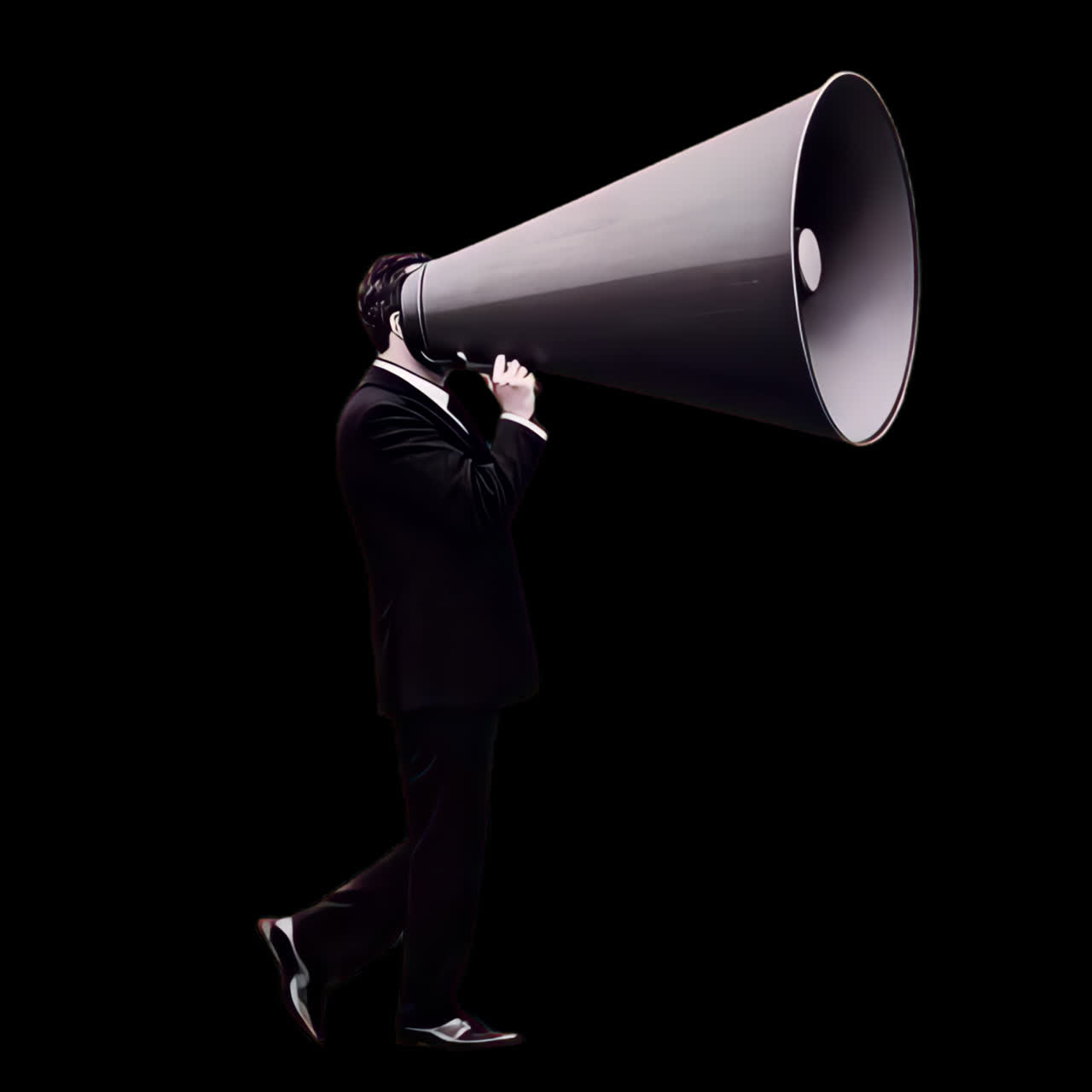 Man with giant megaphone animation isolated asset, transparent 4K video, alpha channel, ProRes 4444