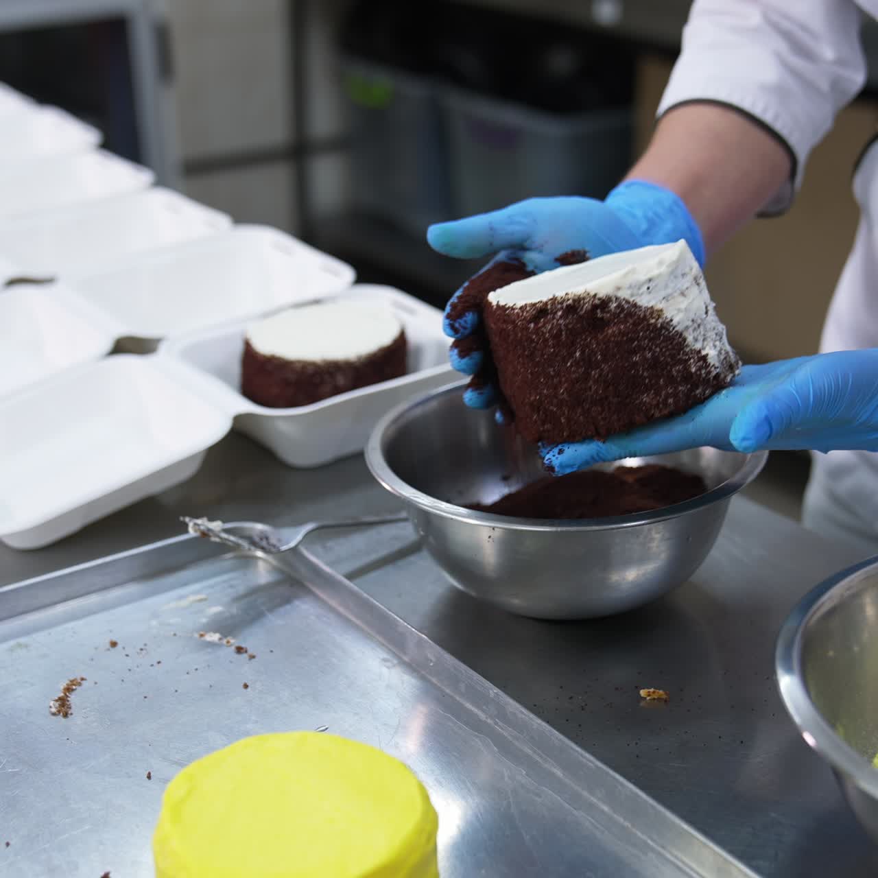 Miniature cake decoration. Confectionary worker covers little cake with chocolate crumbs. Food factory for desserts production