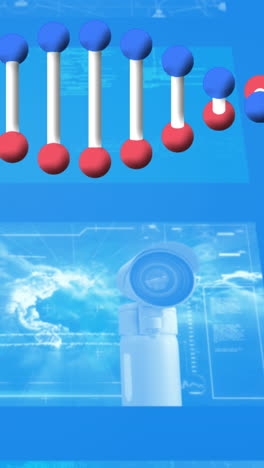 animación del hilado de la cadena de adn y datos médicos en pantallas con fondo azul