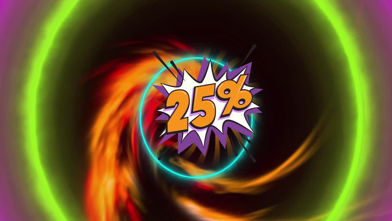 25%의 애니메이션과 검은 바탕에 박동하는 네온 원