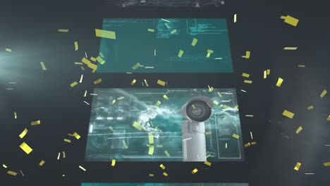 Animation-Von-Goldenem-Konfetti,-Das-über-Die-Datenverarbeitung-Auf-Kaskadierenden-Schnittstellenbildschirmen-Fällt