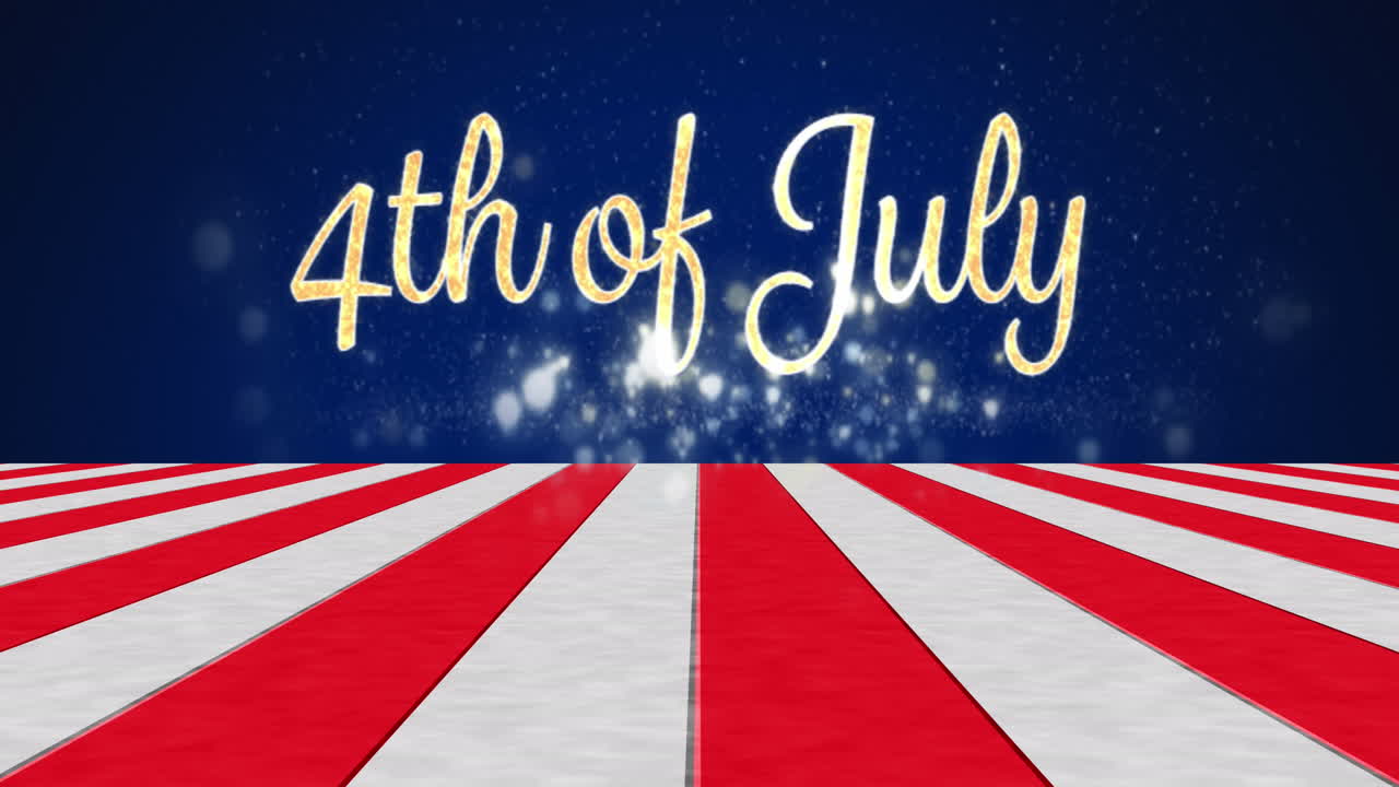 Animation of 4th of july text over stripes and light spots on blue background