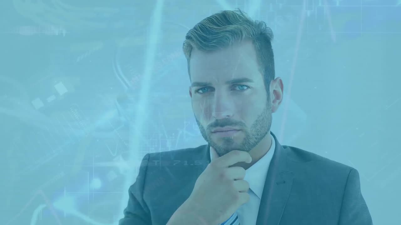 Animazione dell'elaborazione dati su un uomo d'affari caucasico che pensa