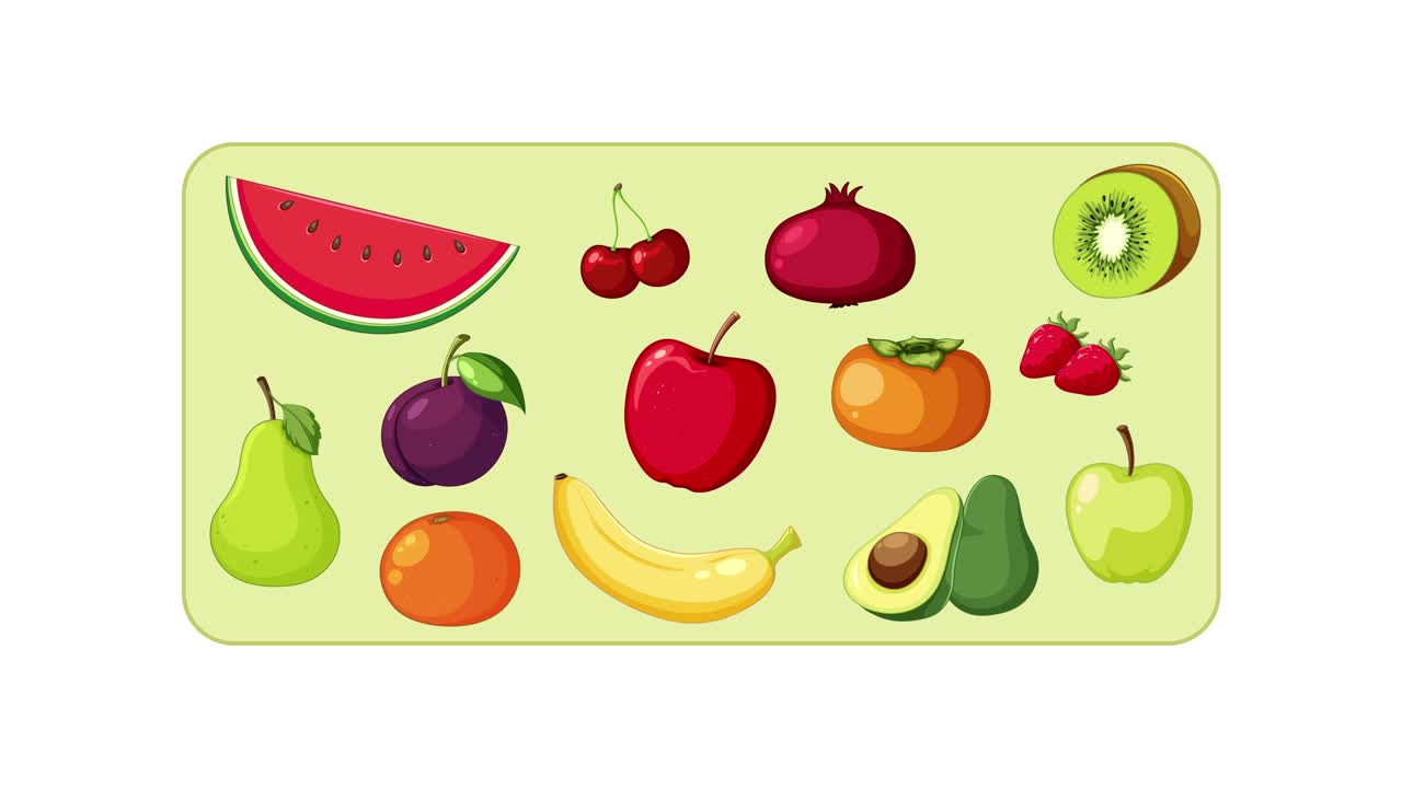 Various fruits smoothly appear and organize on a white background in a flat vector style