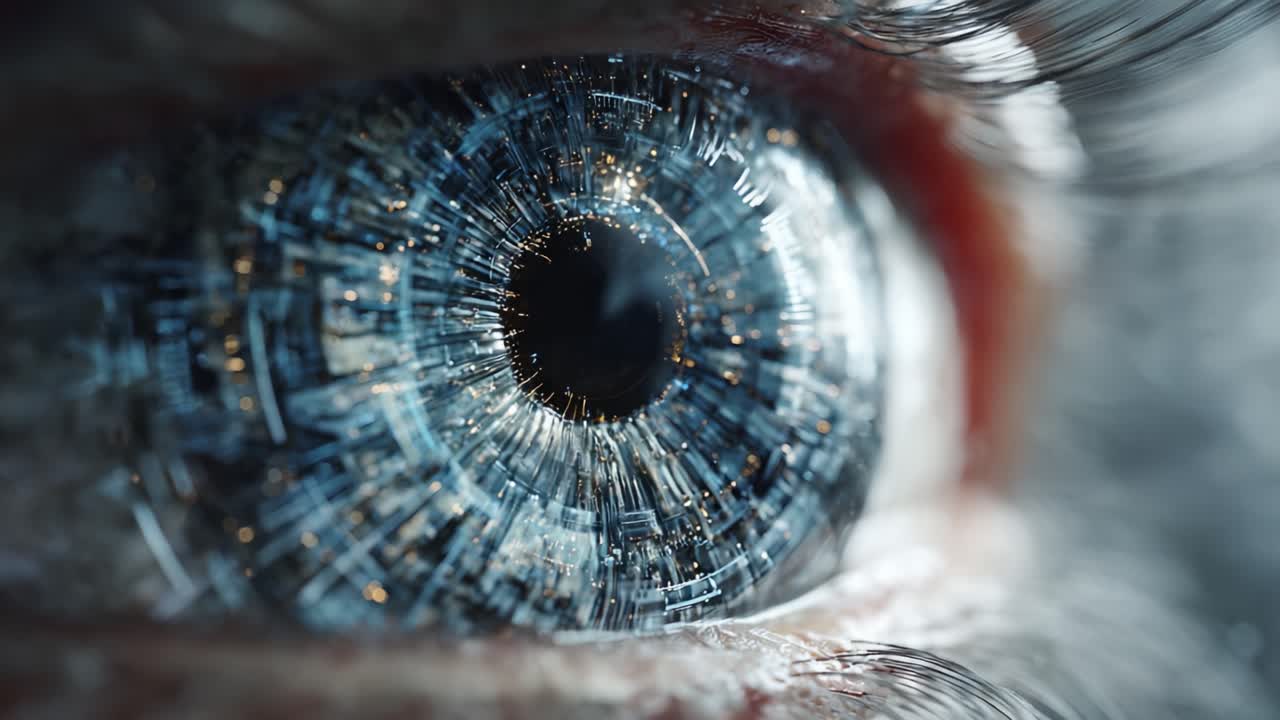 Primo piano e vista dettagliata di un occhio intricato, che mostra motivi testuali e colori mozzafiato, evidenziando l'unicità della visione umana in una bella micro prospettiva