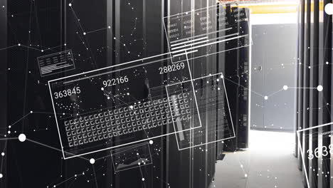 animation of interface with data processing and network of connections against computer server room