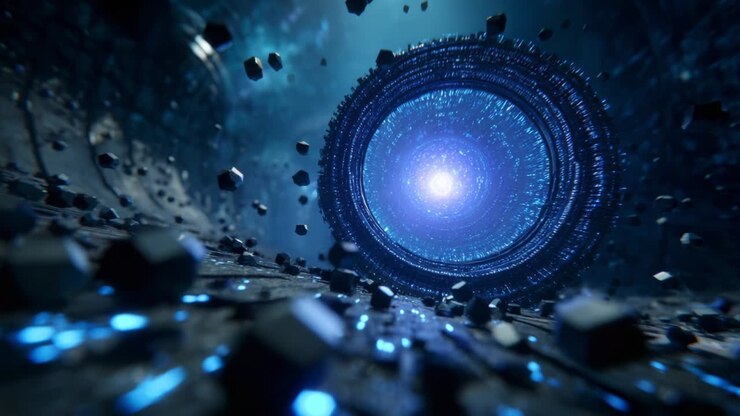 A mesmerizing glimpse into a cosmic portal, where swirling energy and floating geometric shapes converge, creating an ethereal scene that blends elements of science fiction and futuristic design