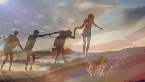 animation of flag of united states of america over friends having fun