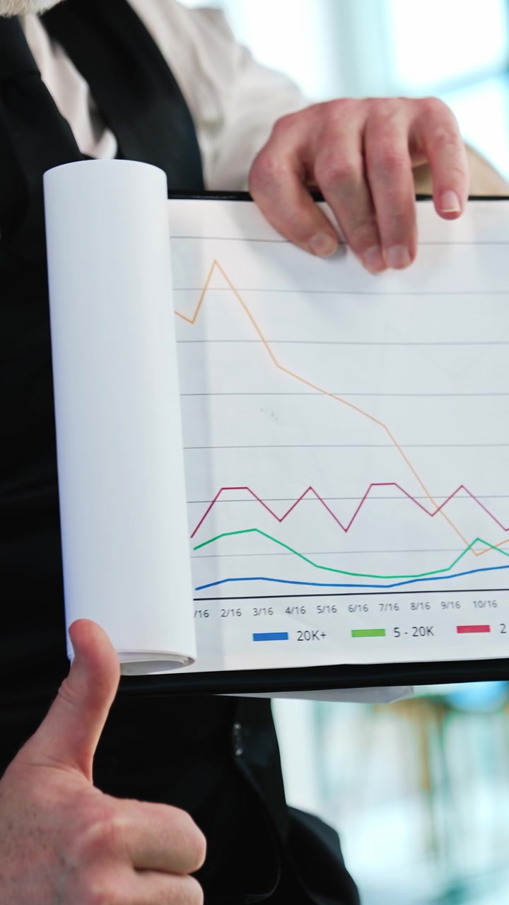 Uidentificeret mand i hvid skjorte og sort vest holder et stykke papir med grafer. Mand viser tommelfinger op, mens han viser diagrammer. Nærbillede. Vertikal video.