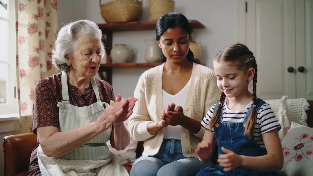 Raising hands grandma leading clapping, mother guiding child in overalls on sofa, learning beat