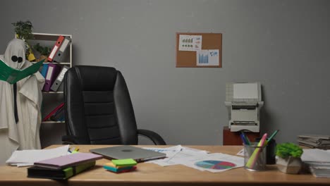 a ghost reading files in an office