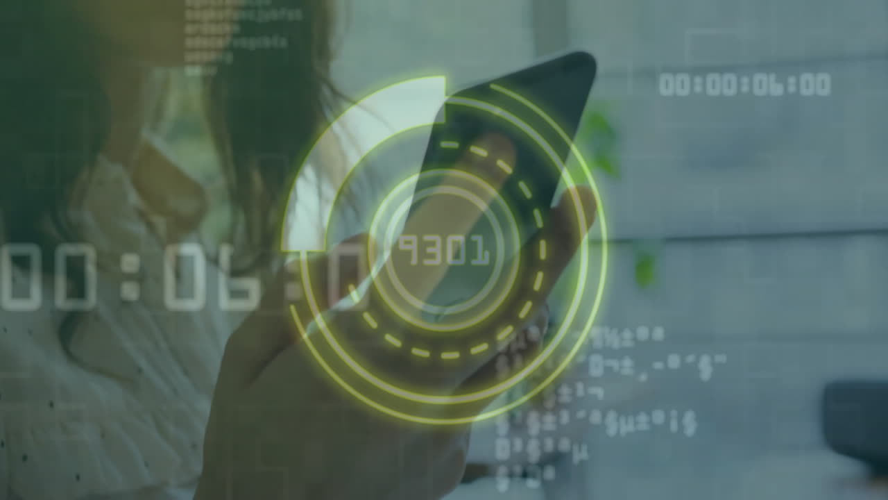 Animation of data processing and scope scanning over asian businesswoman using smartphone