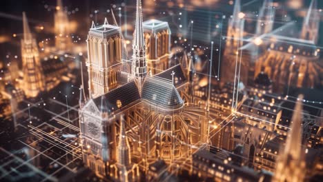 futuristic digital visualization of notre dame cathedral