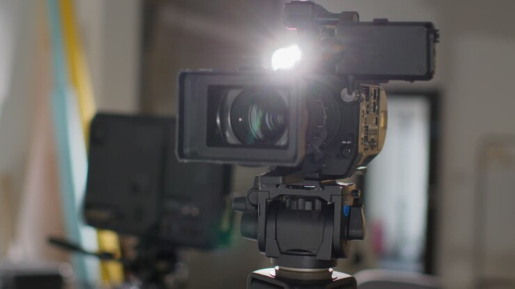 Primo piano di cinepresa o videocamera su treppiede che riprende un film o un video in studio 1.
