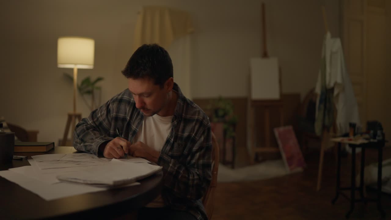 Artist Working on Sketches at Night