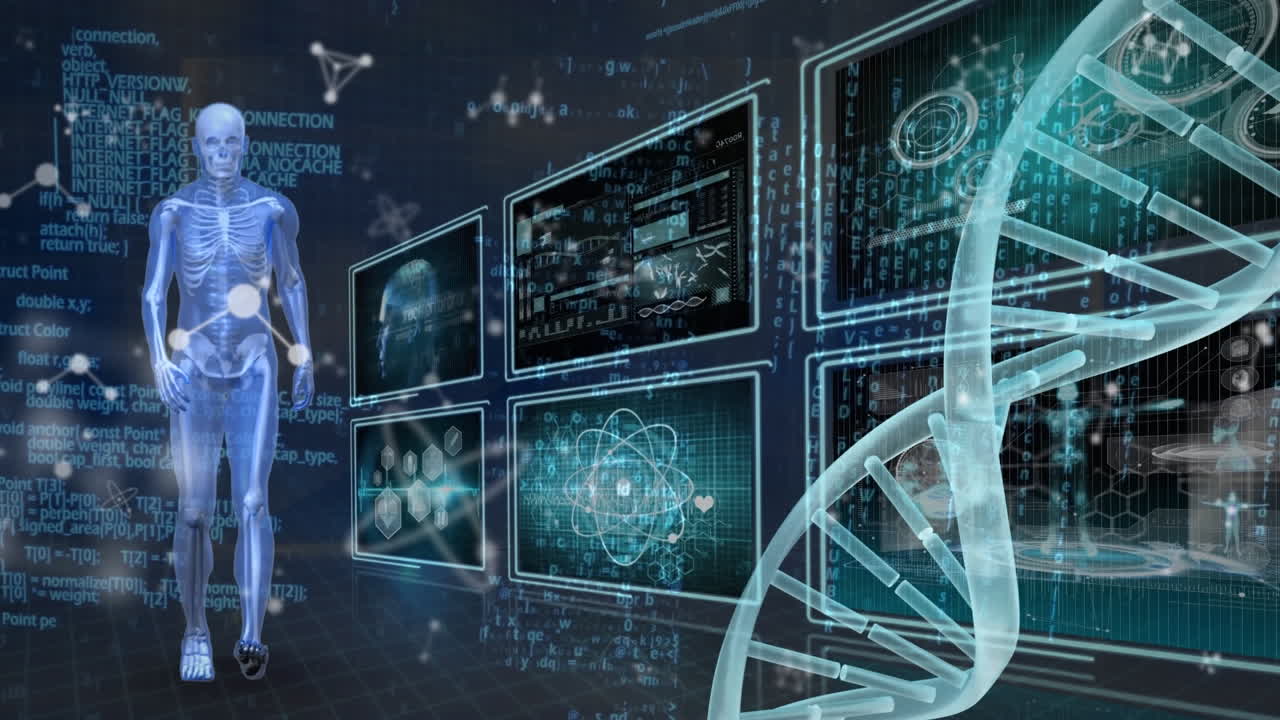 animación de la cadena de adn y el esqueleto sobre el procesamiento de datos