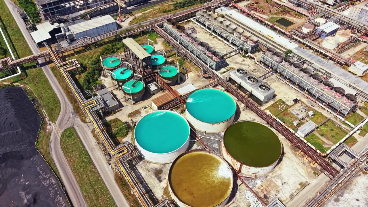 Water treatment facility in industrial area shows tanks filled with different colored water during daytime