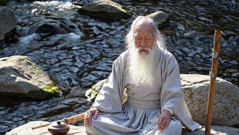 elderly monk meditating by a river