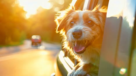 un pequeño perro sentado en el asiento trasero de un coche mirando por la ventana