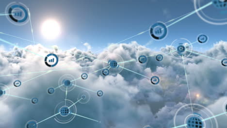 animación de la red de conexiones con iconos sobre nubes en el cielo
