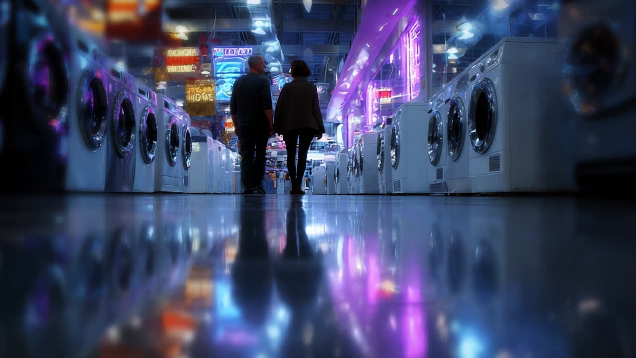 A Captivating Journey Through a Modern Laundromat: Neon Lights and Reflections Create a Unique Atmosphere as Two Individuals Walk Among the Washing Machines, Enjoying a Shared Experience in a Vibrant Environment