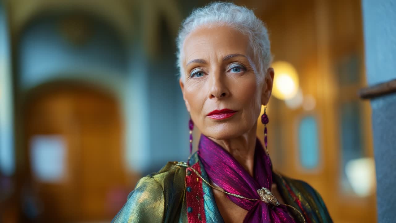 Donna elegante con capelli argentati e trucco audace in posa, occhi chiusi ed espressione sicura, che mostra un outfit e accessori vivaci