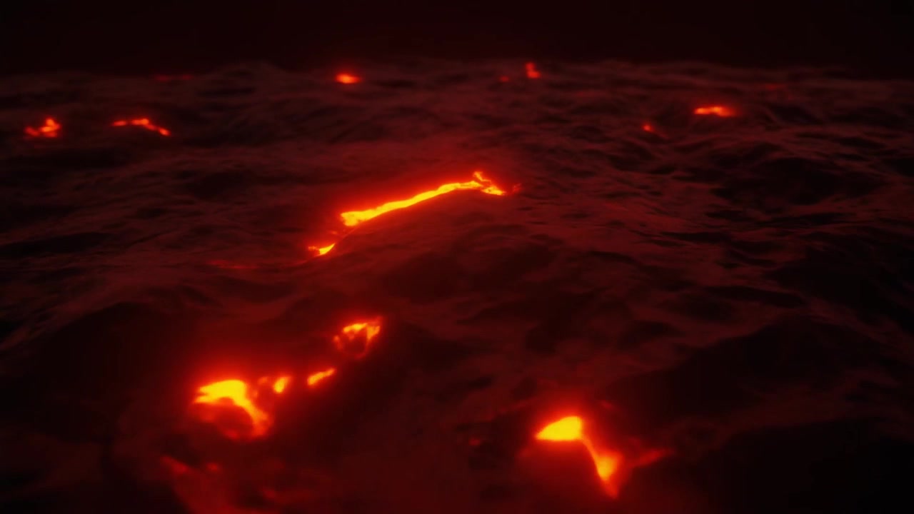 Fließende geschmolzene Lava in dunkler Vulkanlandschaft