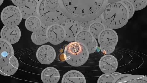 animation of solar system, planets and space over clocks ticking