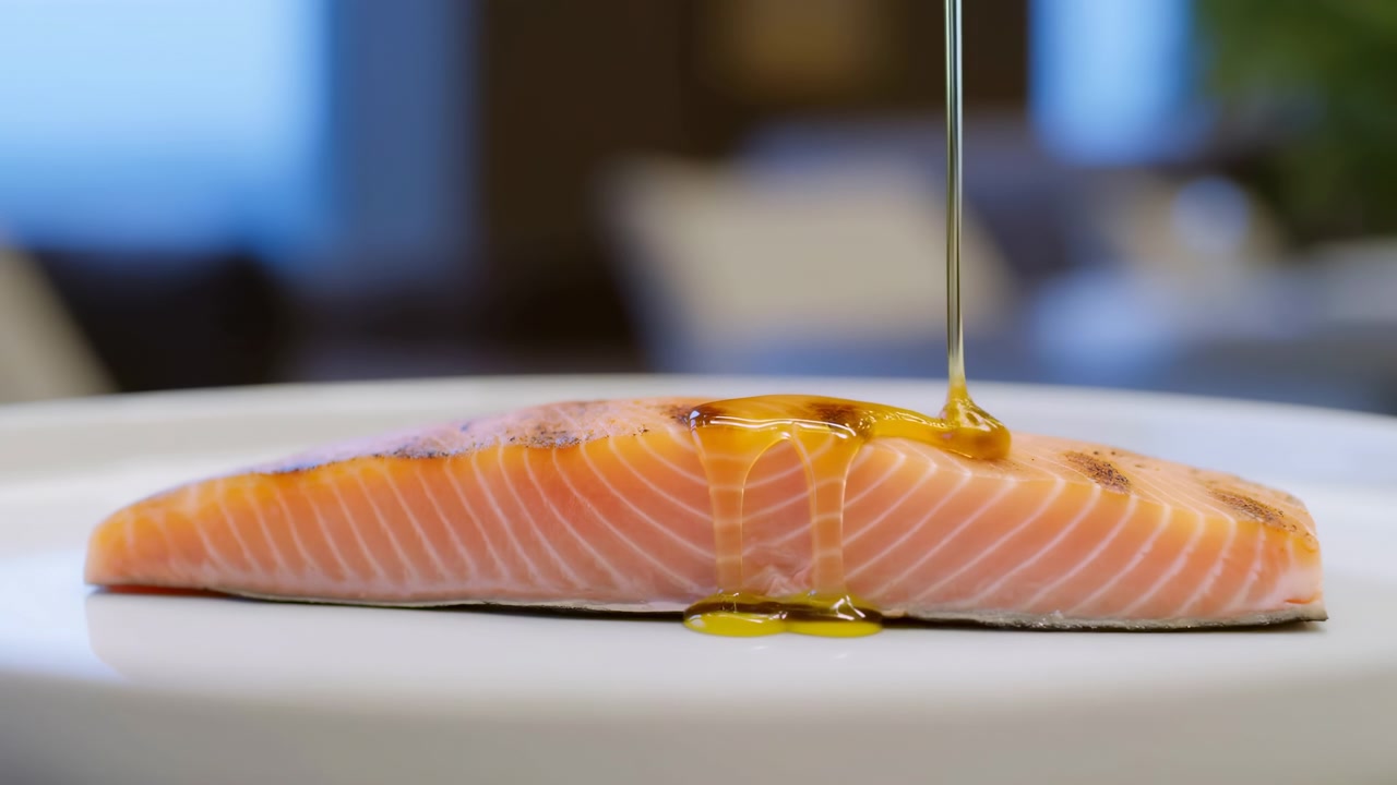 Filetto di salmone irrorato di miele su un piano di lavoro della cucina, prospettiva dall'alto, processo di preparazione colorato, tutorial di preparazione di cibo delizioso, tutorial di cucina, arancione vibrante e caldo