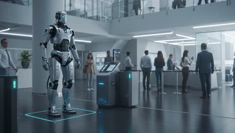 futuristic robotics in an urban office environment: a state-of-the-art humanoid robot serves as a technological guide amidst a dynamic workforce interaction