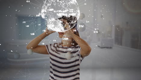 animation of globe with connections over caucasian woman wearing vr headset